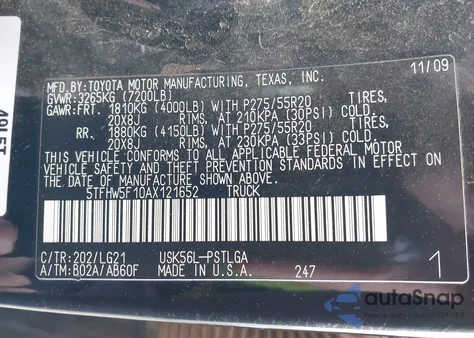 2010 Toyota Tundra Limited 5.7L V8 from USA, damaged, VIN 5TFHW5F10AX121652